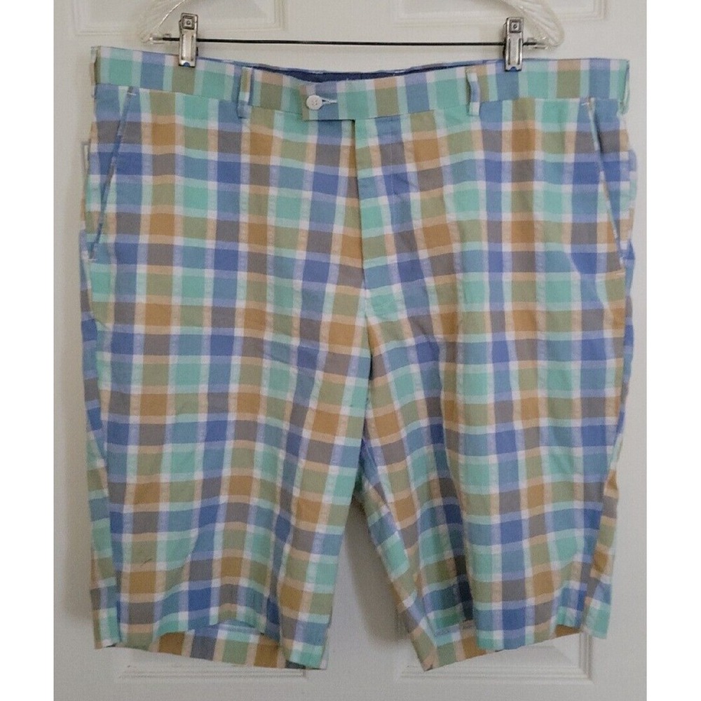 Linea Uomo Mens Plaid Golf Shorts Blue Green‎ Tan Flat Front Casual